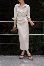 Load image into Gallery viewer, Satin Gathered Shirt Dress in Champagne
