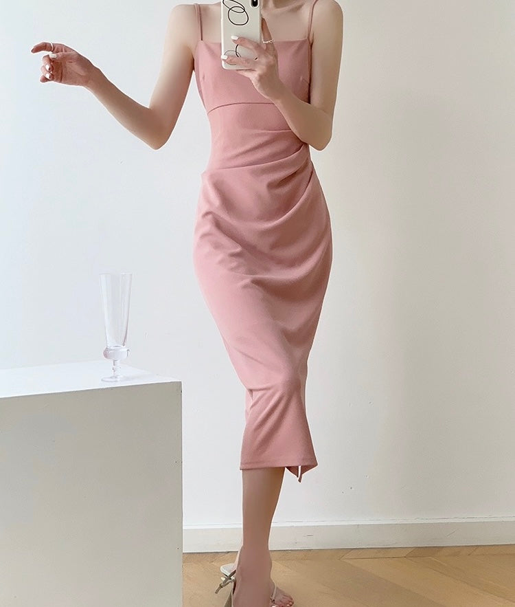 Gathered Cami Slit Dress in Pink