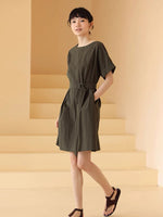 Load image into Gallery viewer, 2-Way Crepe Pocket Shift Dress in Olive
