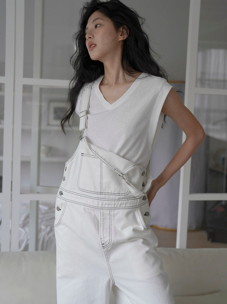 Contrast Stitching Overalls in White