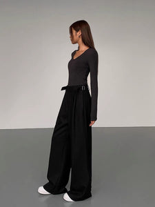 Relaxed Side Buckle Wide Leg Trousers in Black