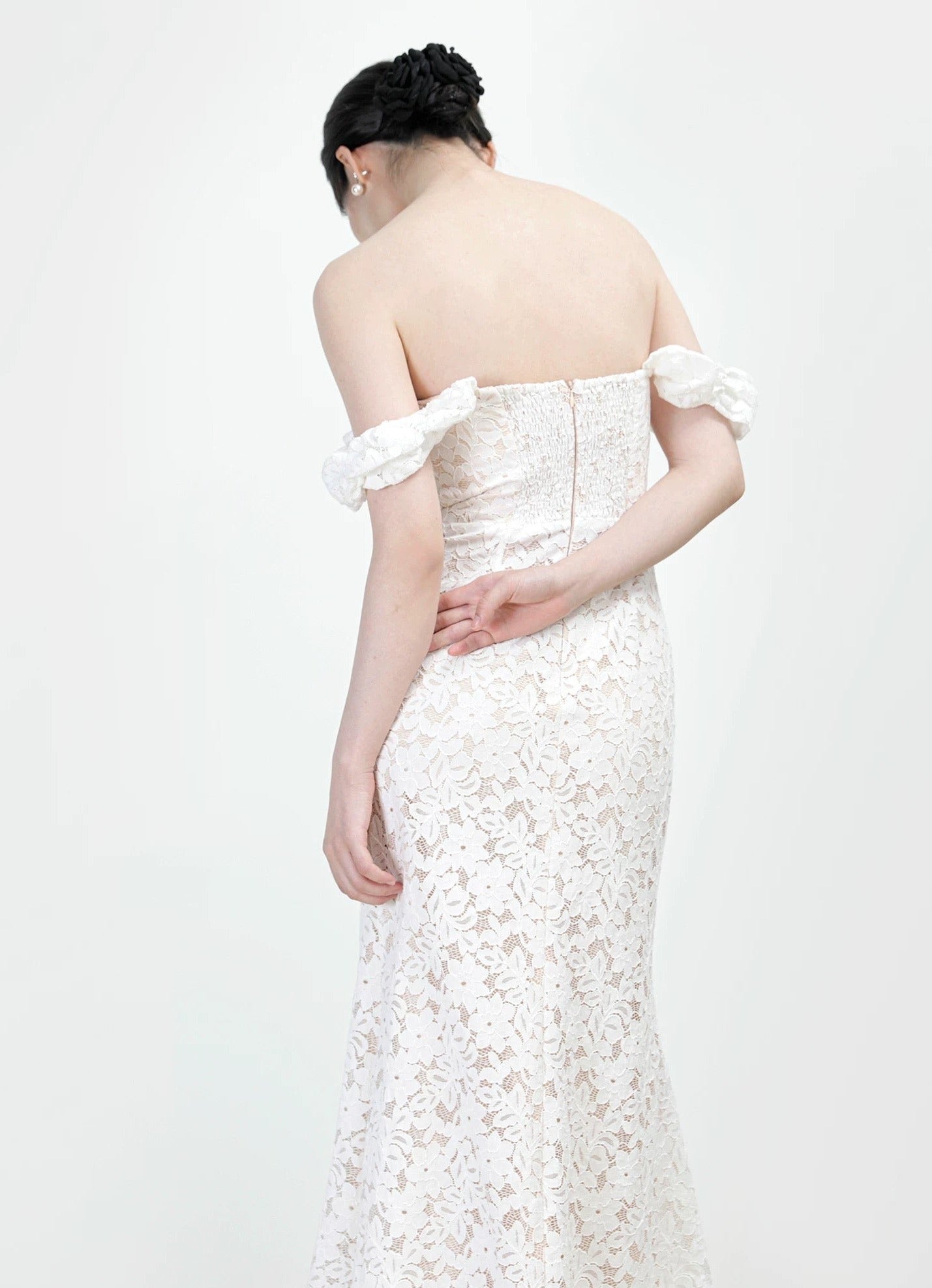 Off Shoulder Lace Gown in White