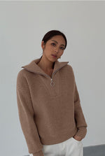 Load image into Gallery viewer, Oversized Knitted Half Ring Zip Sweater in Brown
