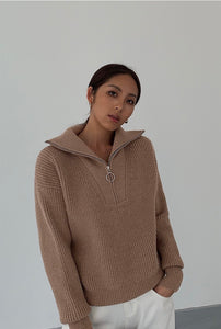 Oversized Knitted Half Ring Zip Sweater in Brown