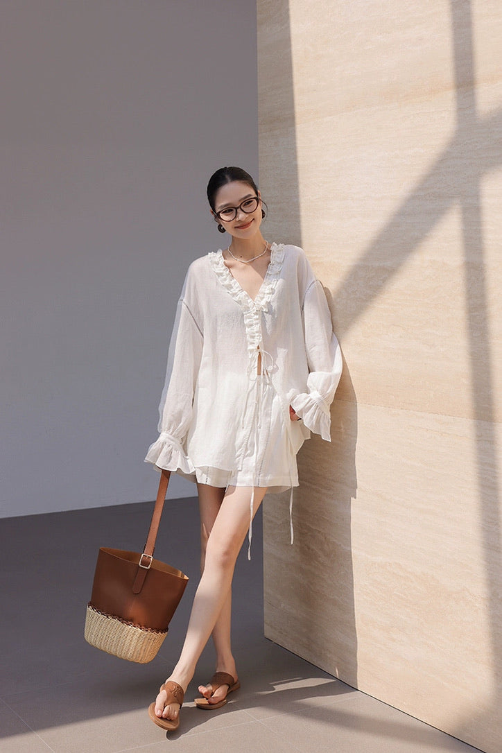 Tencel Blend Flute Blouse // Shorts in White