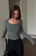 Load image into Gallery viewer, Cropped Button Long Sleeve Top in Grey
