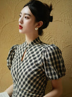 Load image into Gallery viewer, Checked Blouson Pankou Dress in Black
