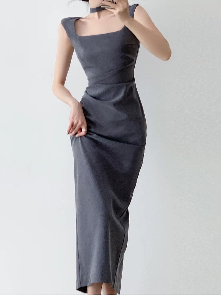 Tailored Gather Tie Back Dress in Grey