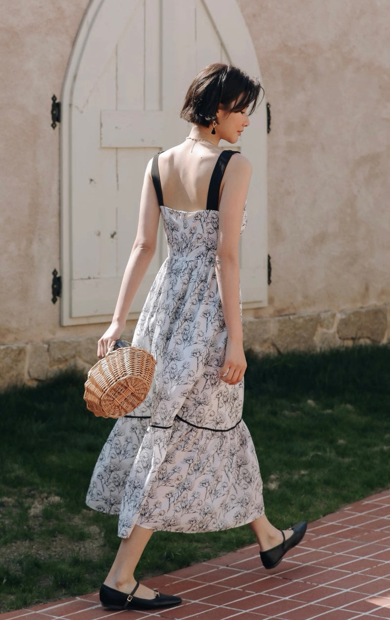 Floral Panel Maxi Dress in Black/White