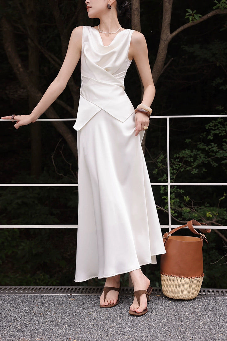 Satin Drape Wrap Top // Maxi Skirt in Cream