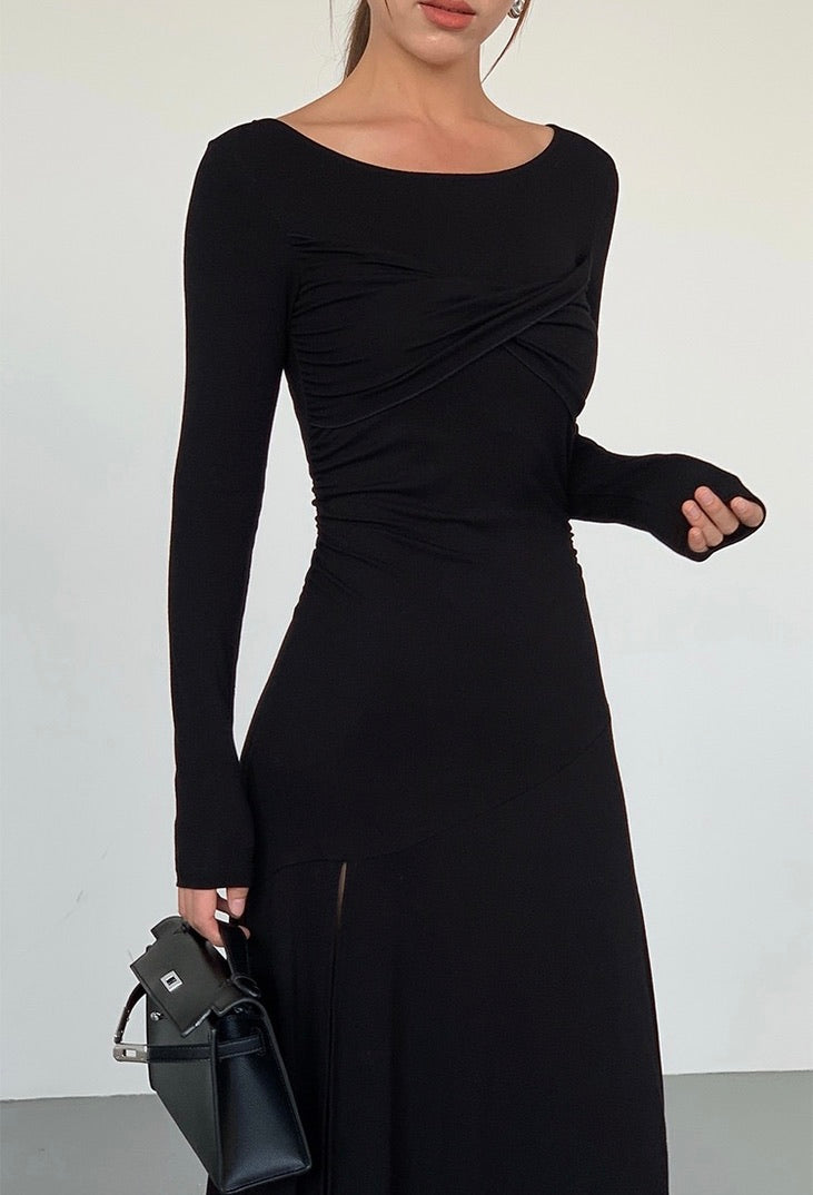 Bustier Twist Slit Maxi Dress in Black