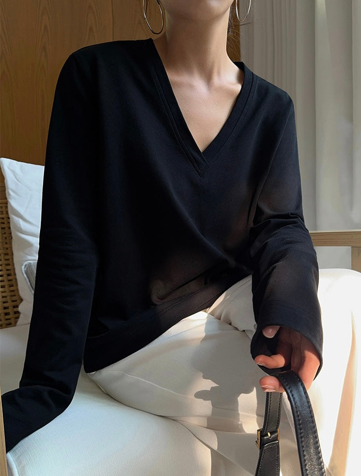 Relaxed V Long Sleeve Top in Black
