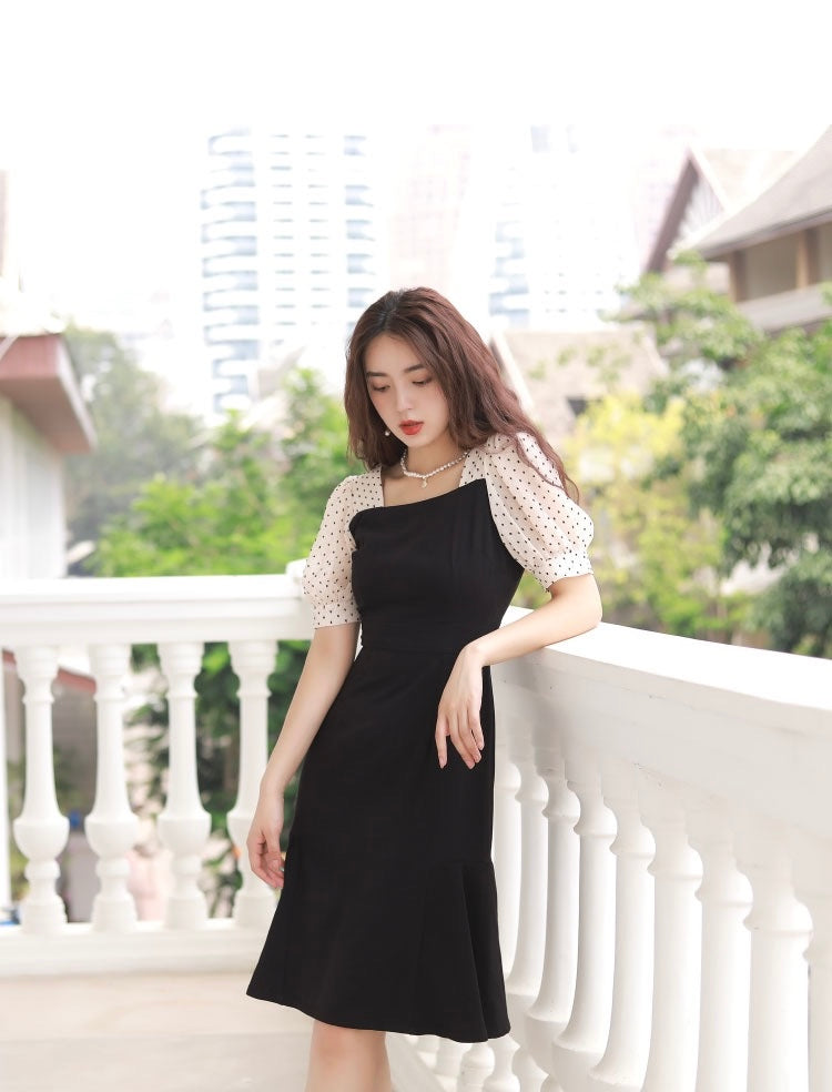 Polka Sleeve Tailored Mid Dress in Black