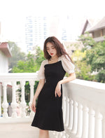 Load image into Gallery viewer, Polka Sleeve Tailored Mid Dress in Black
