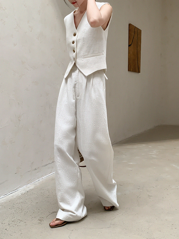Textured Mid Rise Wide Leg Trousers in White