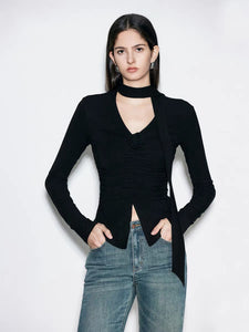 Asymmetric Hem Top + Neck Tie in Black