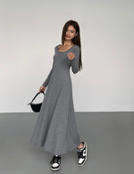 Load image into Gallery viewer, Long Sleeve Button Flare Maxi Dress in Grey
