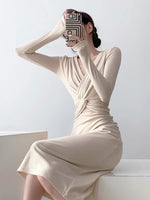 Load image into Gallery viewer, Long Sleeve Mid Twist Midi Dress in Beige
