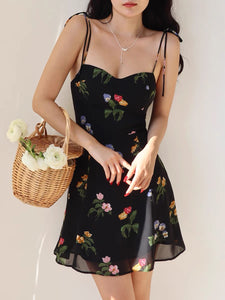 Chrisoula Floral Tie Strap Mini Dress in Black