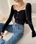 Load image into Gallery viewer, Sweetheart Button Knitted Long Top in Black
