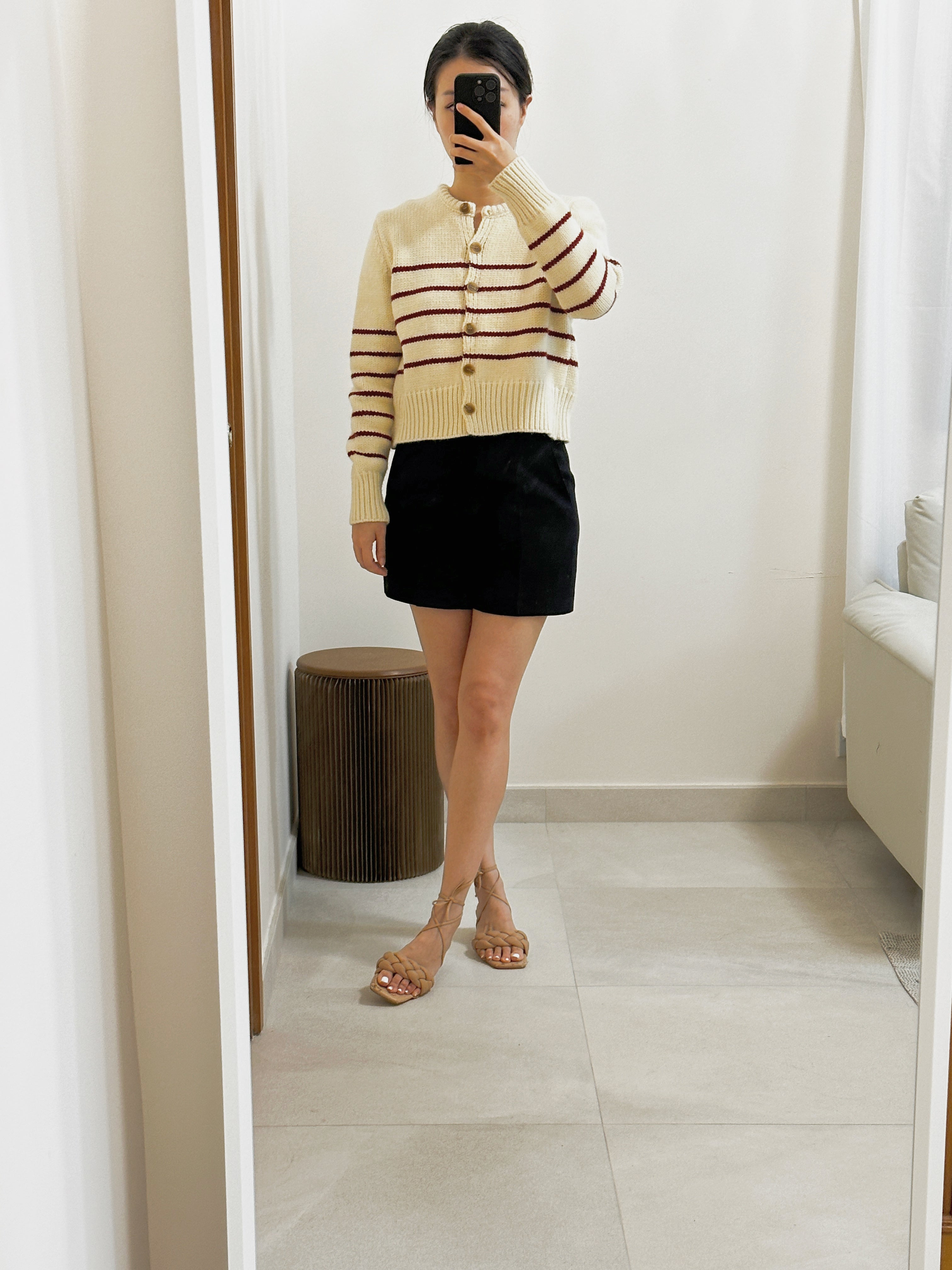 Korean Woolly Striped Cardigan in Cream/Red