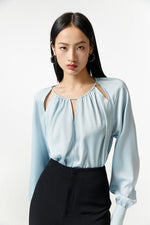 Load image into Gallery viewer, Cutout Long Sleeve Blouse in Blue
