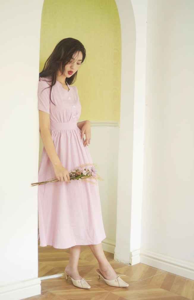 Vintage Scallop Edge Midi Dress in Pink