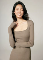 Load image into Gallery viewer, Stretch Midi Long Sleeve Dress in Khaki
