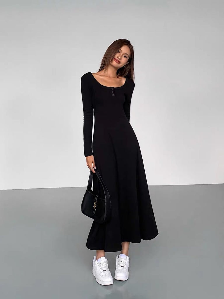 Long Sleeve Button Flare Maxi Dress in Black