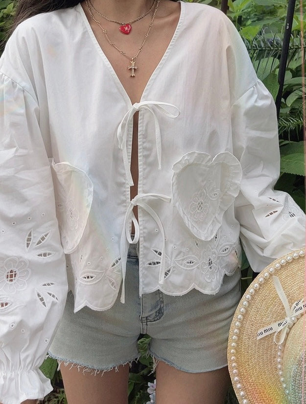 Laser Cut Ribbon Tie Blouse in White