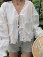 Load image into Gallery viewer, Laser Cut Ribbon Tie Blouse in White
