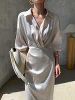 Load image into Gallery viewer, Satin Wrap Shirt Dress in Cream
