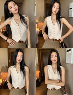Load image into Gallery viewer, Tailored Button Sleeveless Vest in Cream
