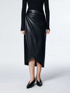 Wrap Style Pleather Midi Skirt in Black