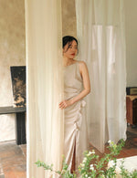 Load image into Gallery viewer, Satin Slit Ruffle Maxi Dress in Champagne
