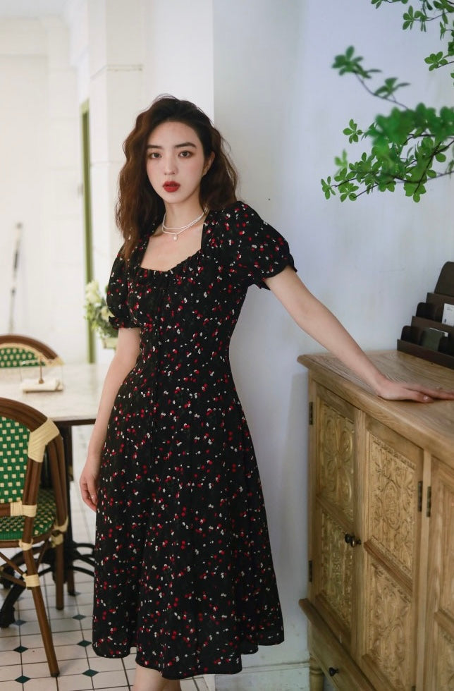 Floral Cutout Back Puff Sleeve Dress in Black