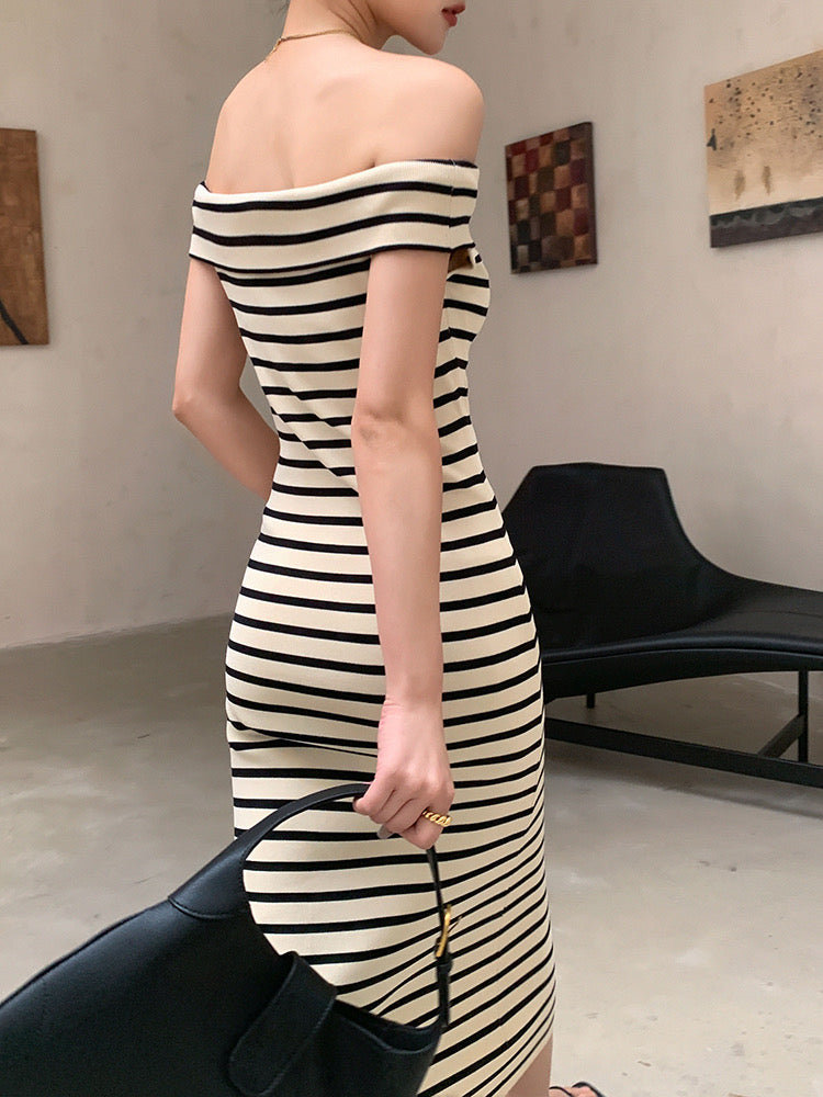 Off Shoulder Striped Midi Dress in Beige