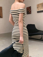 Load image into Gallery viewer, Off Shoulder Striped Midi Dress in Beige
