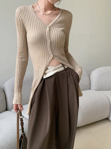 Ribbed Long Split Hem Cardigan in Beige