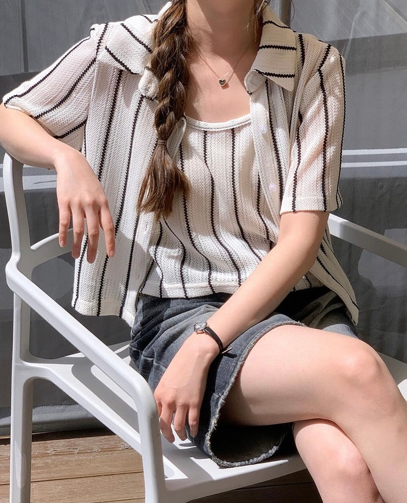 Korean Striped Cami + Shirt Set in Cream/Black