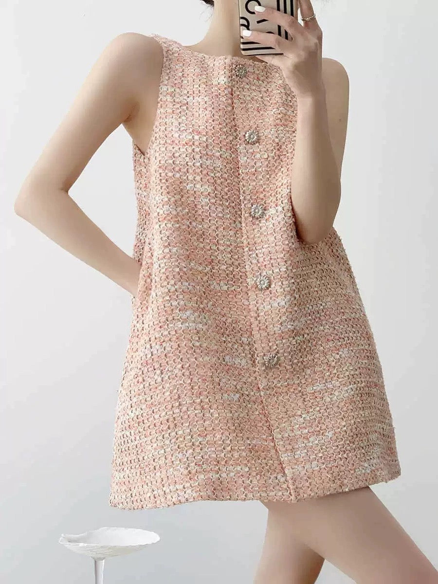 Tweed Button Mini Pocket Dress in Orange