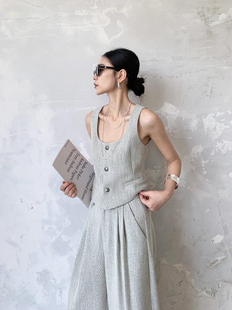 Textured Vest+ Trousers Set in Grey