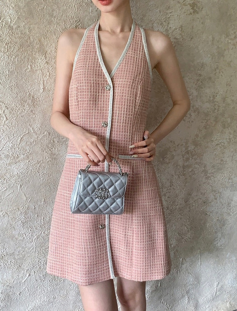 Tweed Halter Button Dress in Pink