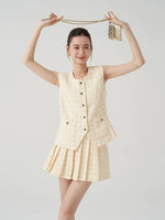 Load image into Gallery viewer, Tweed Vest Blouse + Pleated Mini Skirt in Yellow
