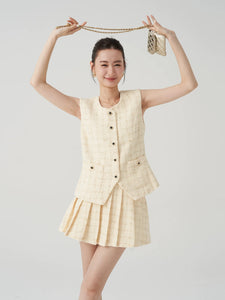 Tweed Vest Blouse + Pleated Mini Skirt in Yellow