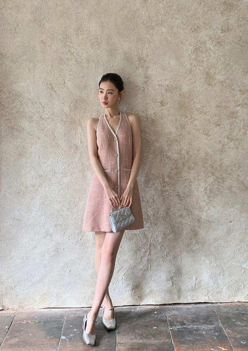 Tweed Halter Button Dress in Pink