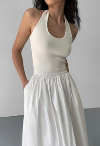 [Ready Stock] Halter Tank Pocket Maxi Dress In White