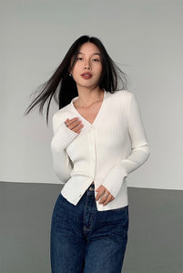 Ribbed Button Cardigan Top in White