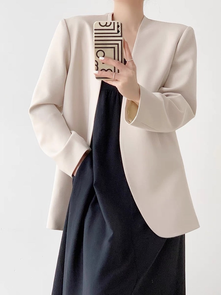 Classic Lapelless Blazer in Beige