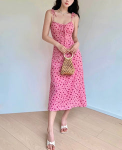 Textured Floral Tie Strap Dress in Pink